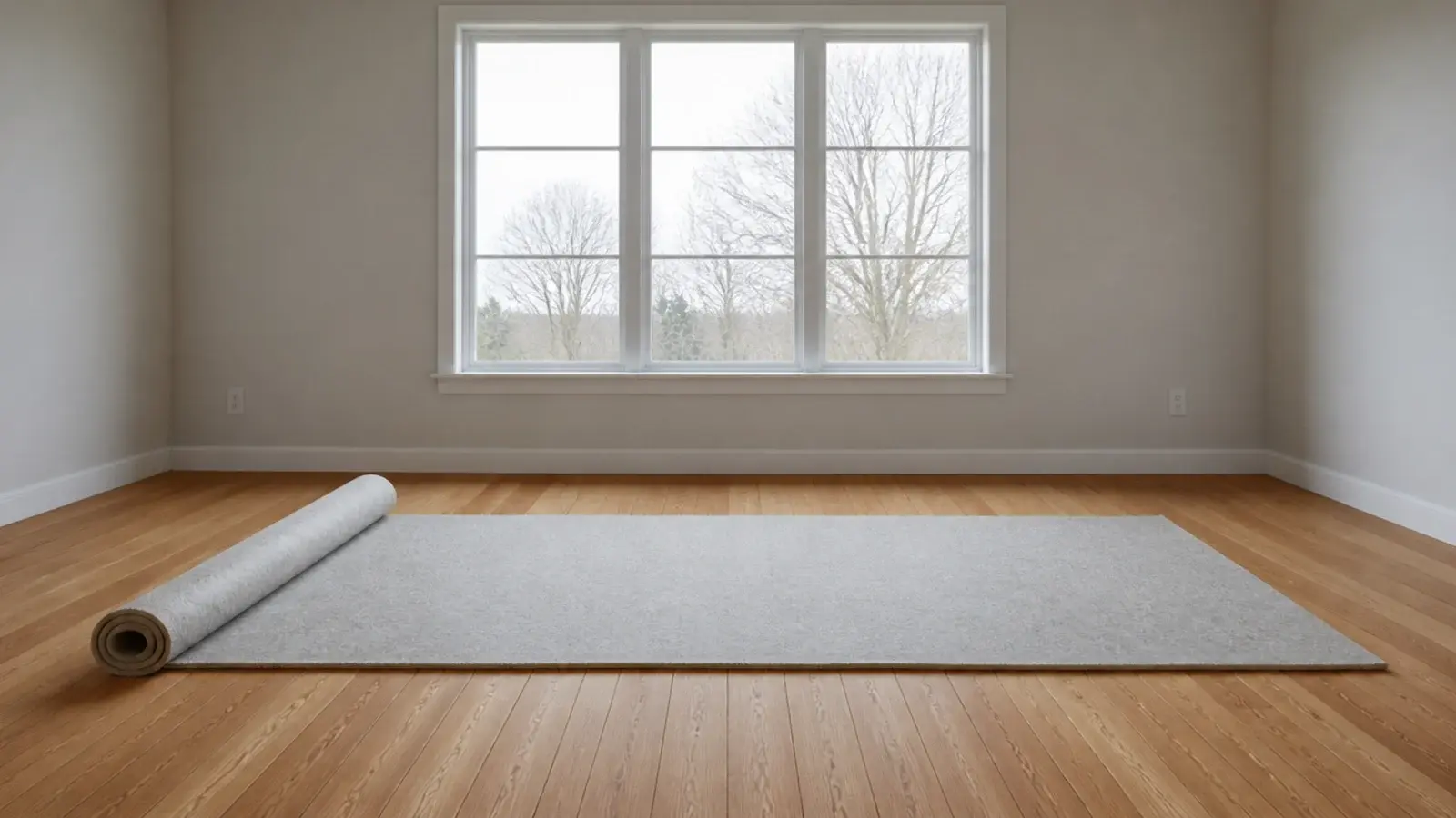 felt and rubber pad rolled open across bare red oak floorboards