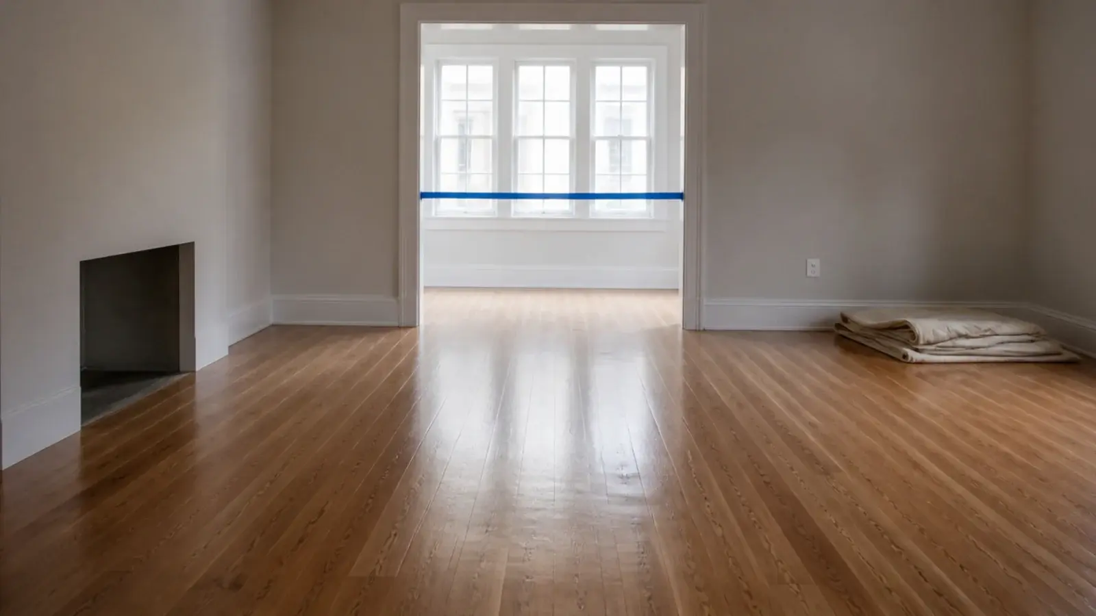 freshly finished bare oak floor left empty with tape on the doorway