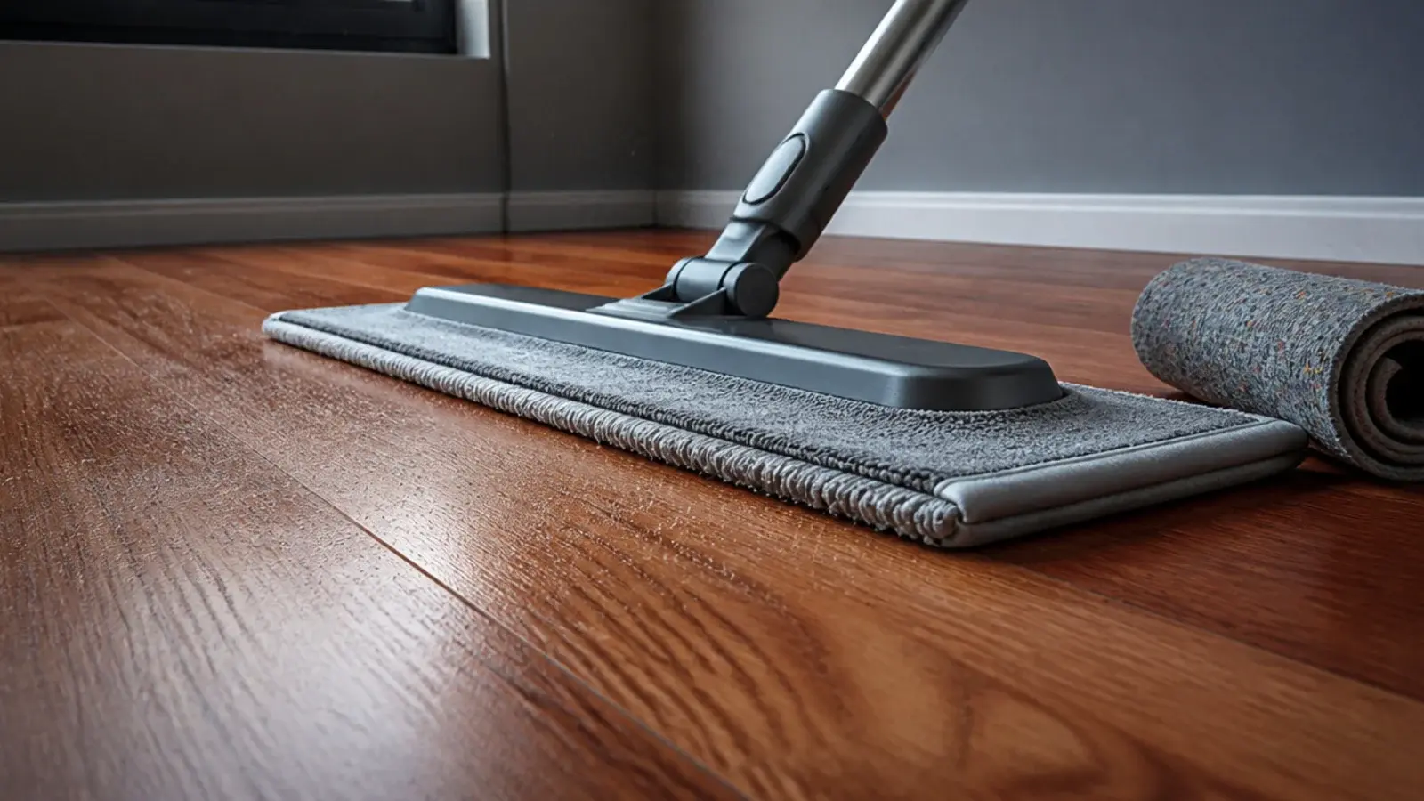 microfibre mop passing across bare oak boards ahead of a rolled pad