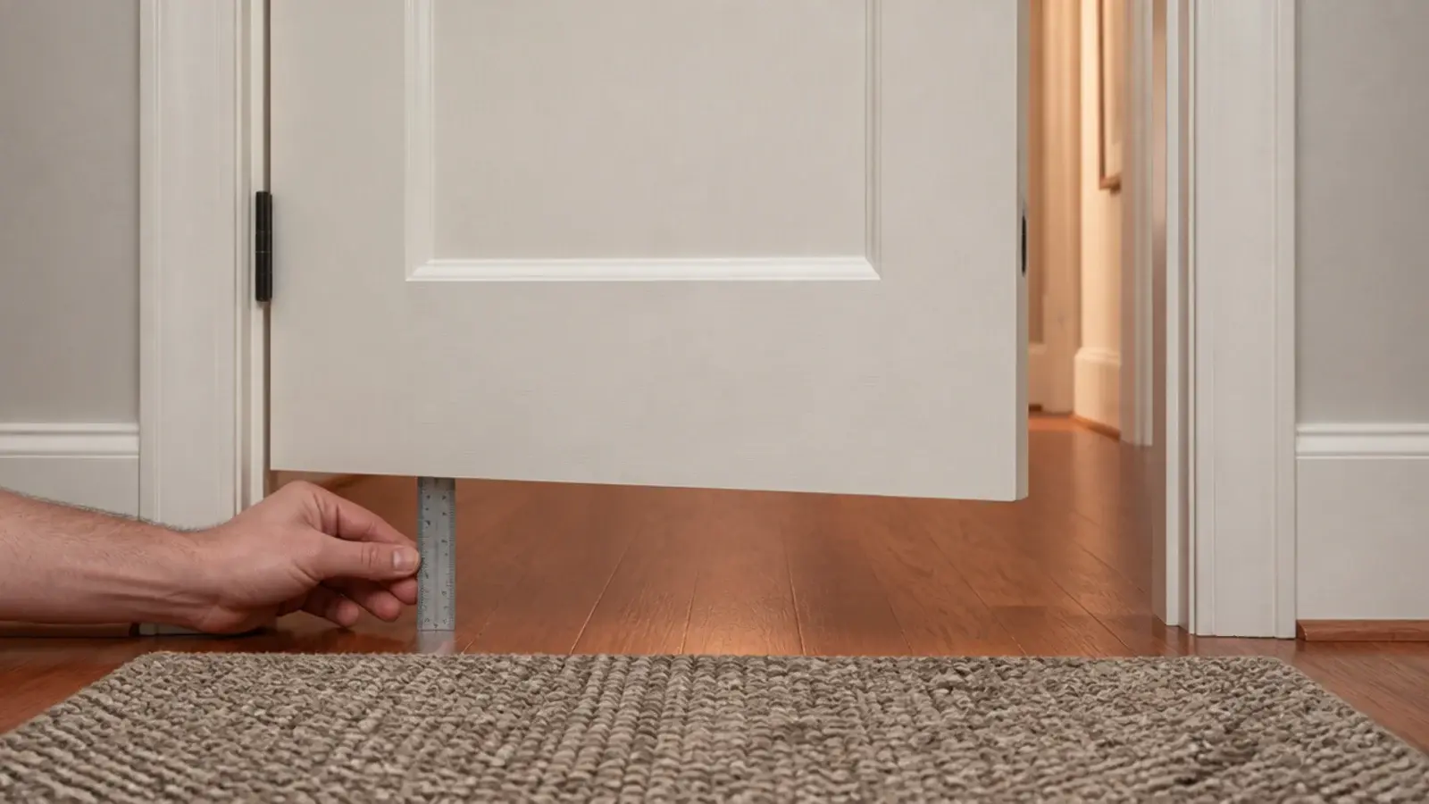 interior door swinging clear above a low pile rug and its pad