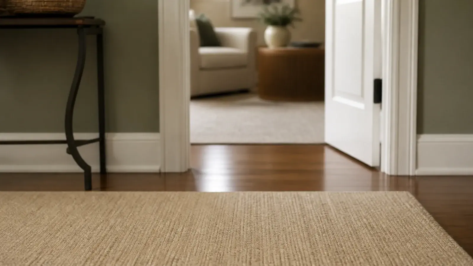 flat low pile rug ending well short of a busy interior threshold
