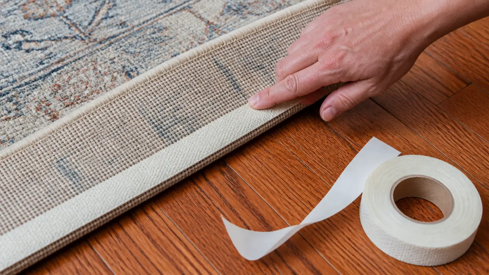 narrow strip of rug grip tape applied along a stubborn rug edge