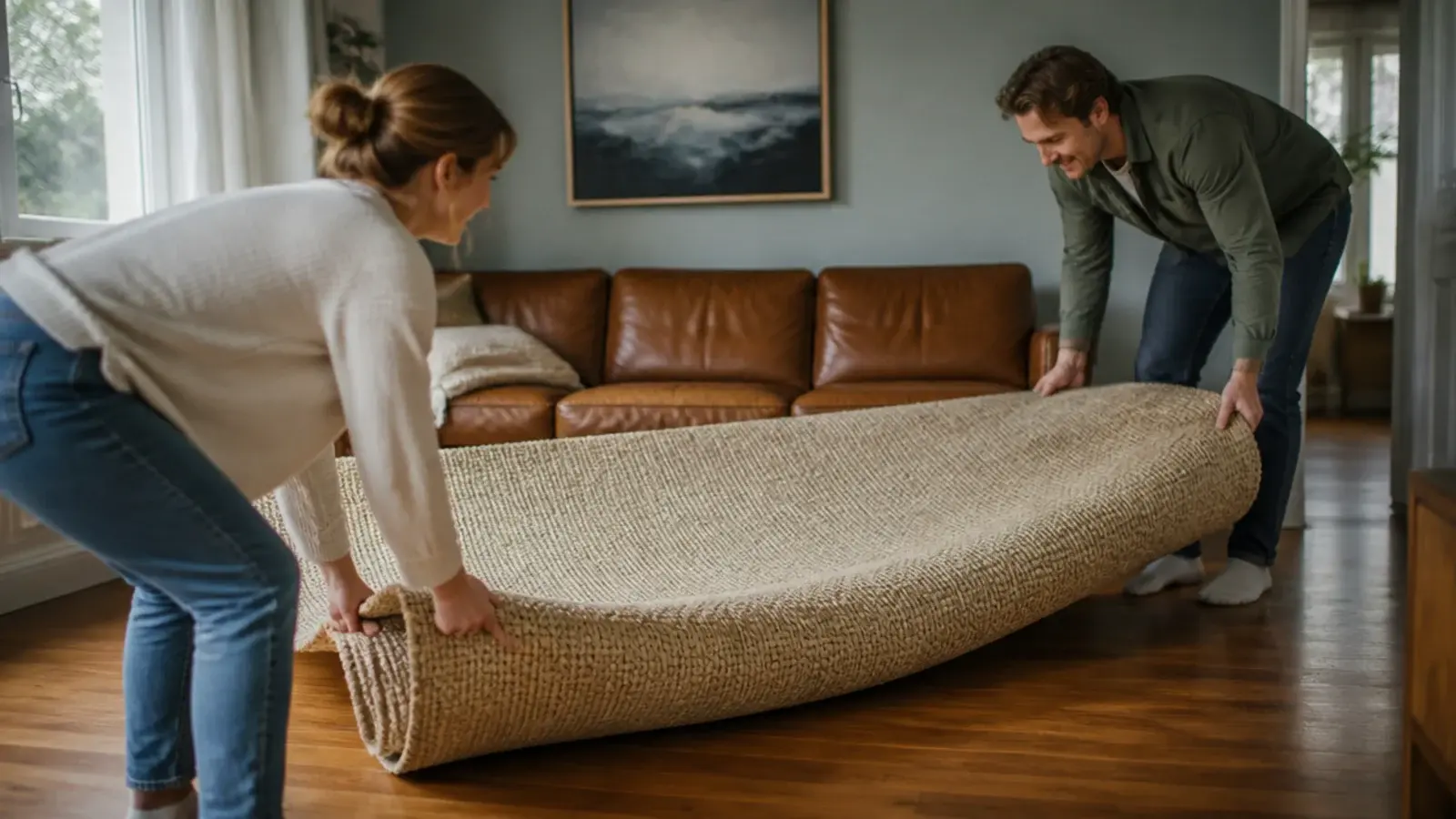 large rug being turned end for end across a red oak floor
