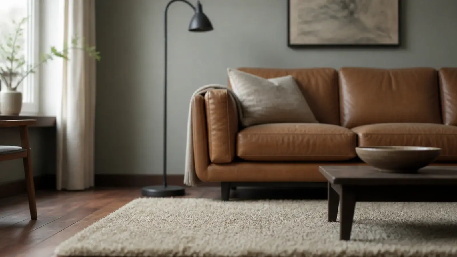 dense wool rug sitting on golden oak boards in a quiet sitting room