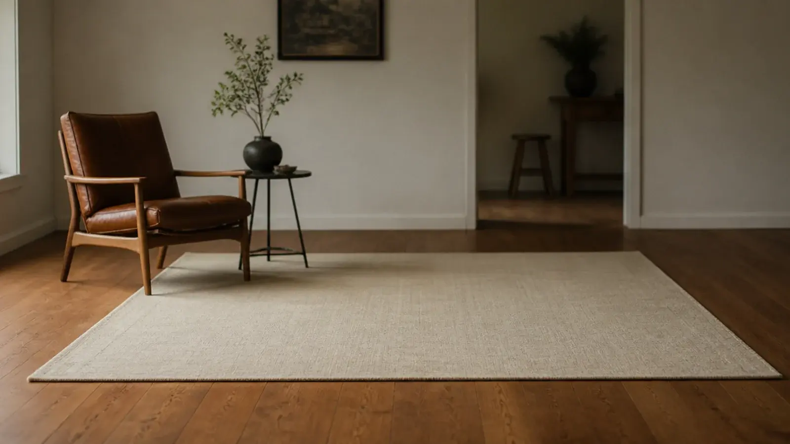 thin flatweave rug letting wide oak boards read through the room
