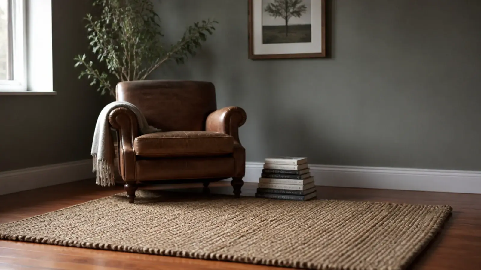 chunky jute rug on oak boards positioned away from a coffee table