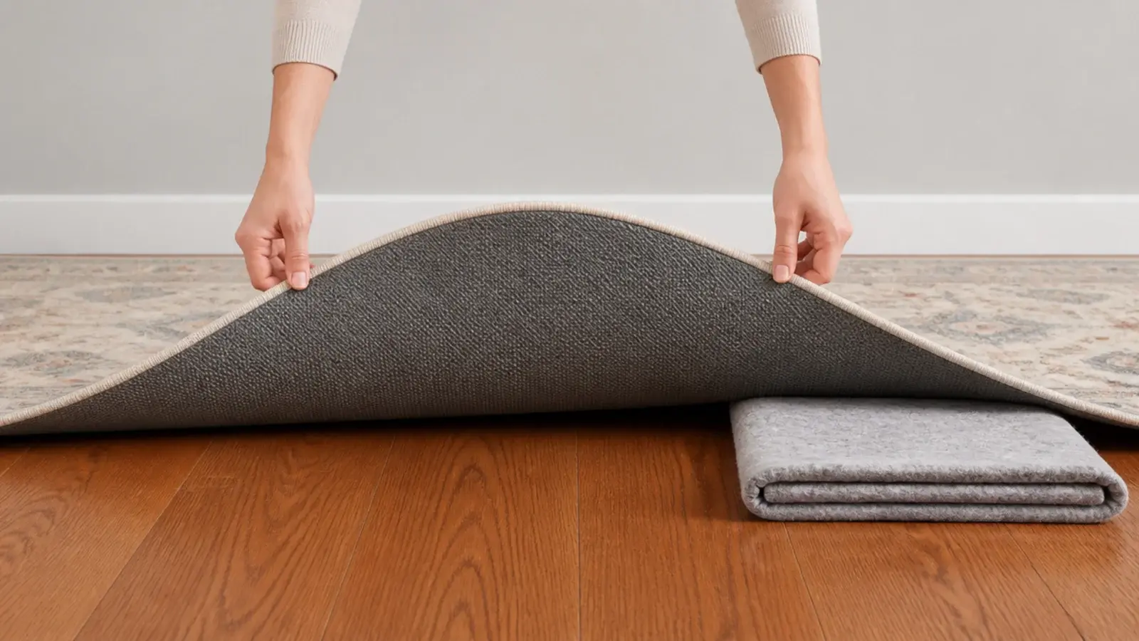 washable rug lifted to show its rubberised backing above oak boards