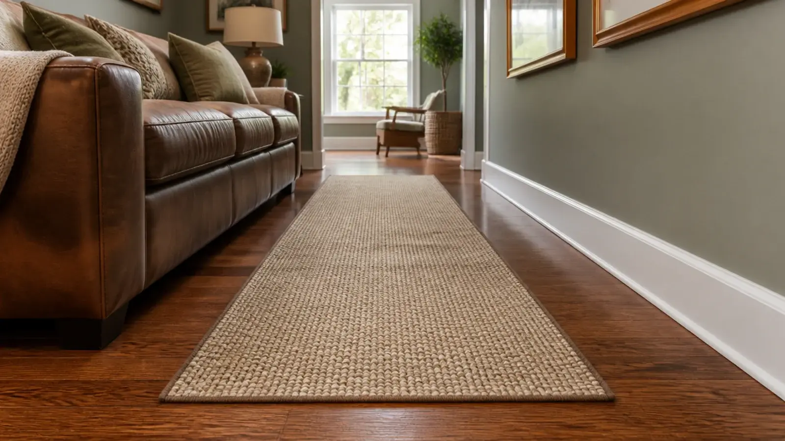 padded runner lying flat along a walking route over oak boards