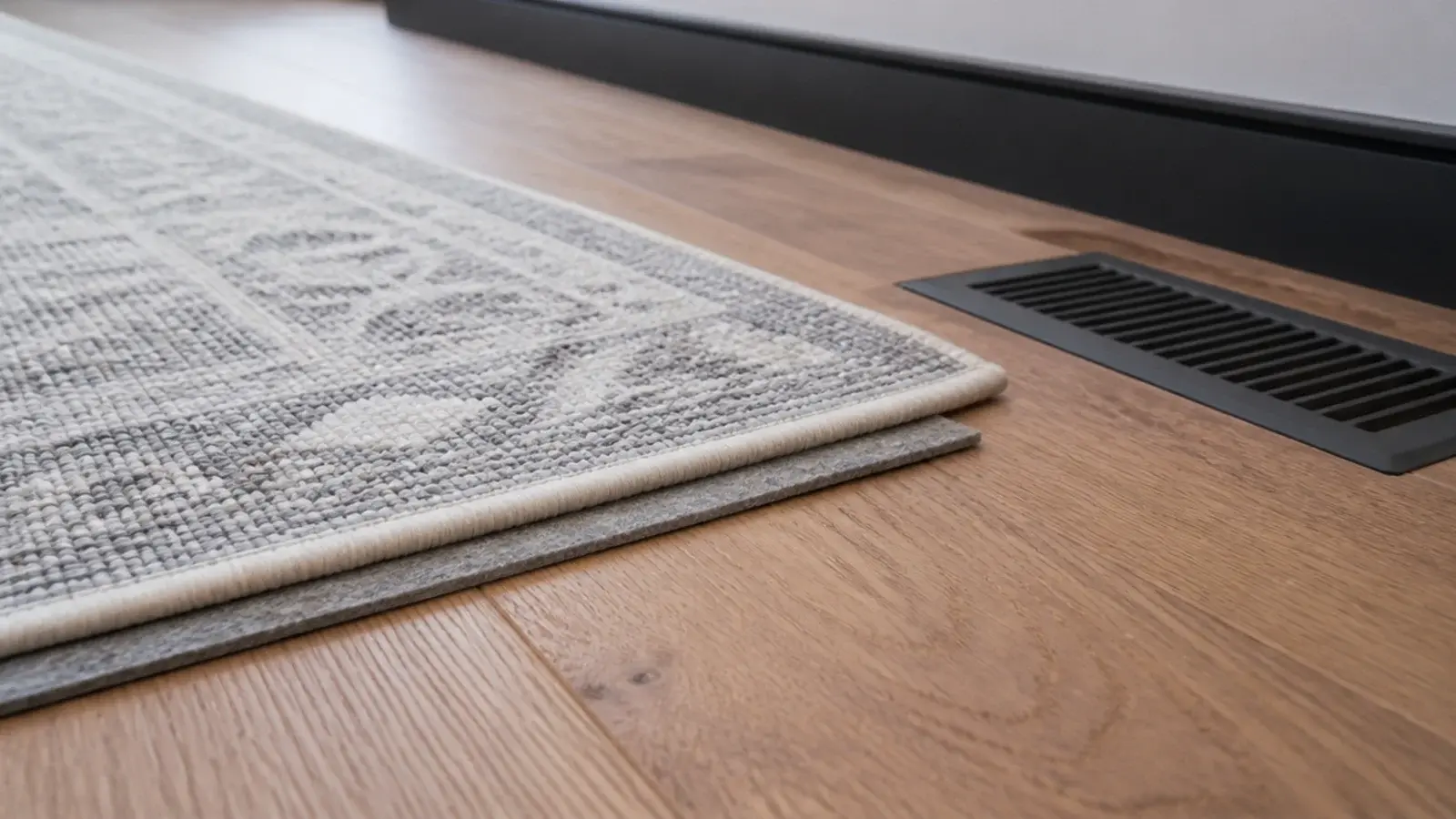 thin rug and low profile pad laid over a warm engineered oak floor