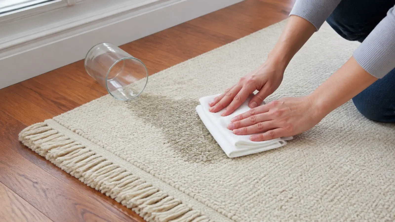 cloth pressed into a rug over oak boards to lift a fresh spill