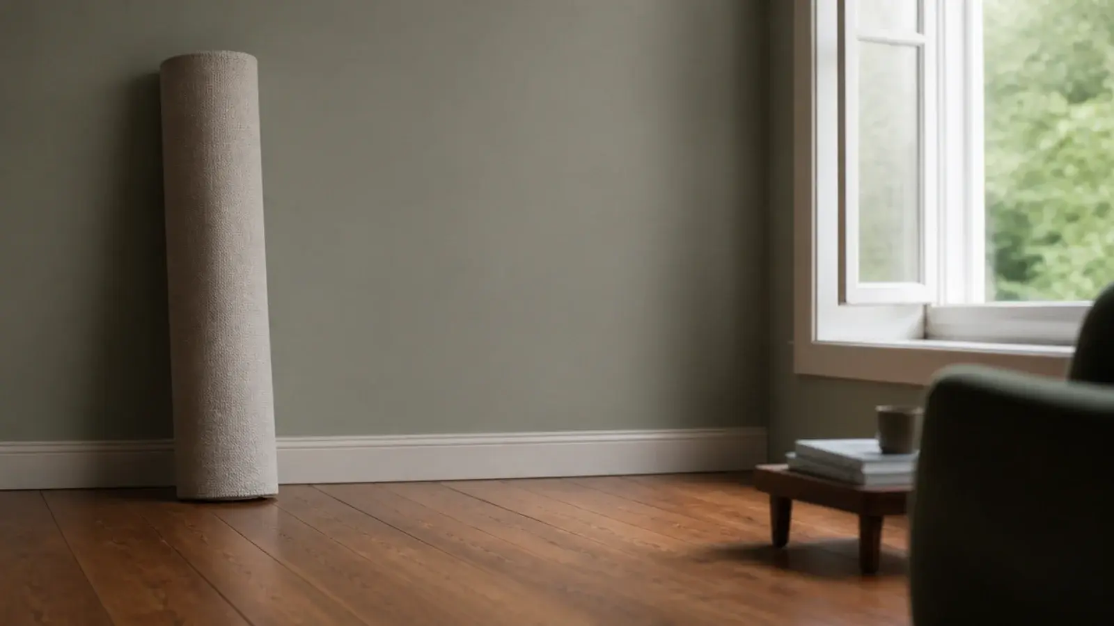 rolled rug standing aside while bare oak boards air out beneath