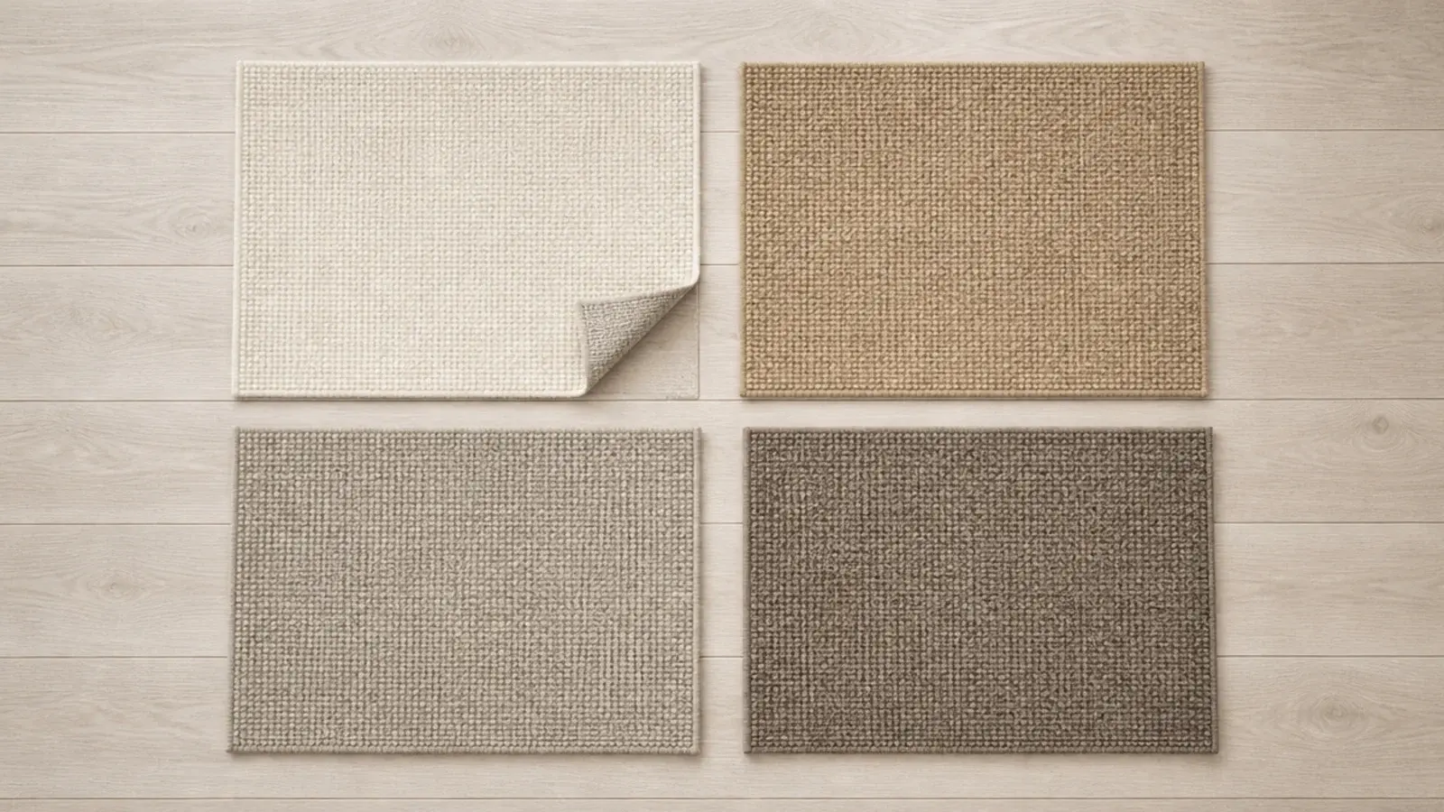 four neutral rug swatches laid directly on pale limed oak boards