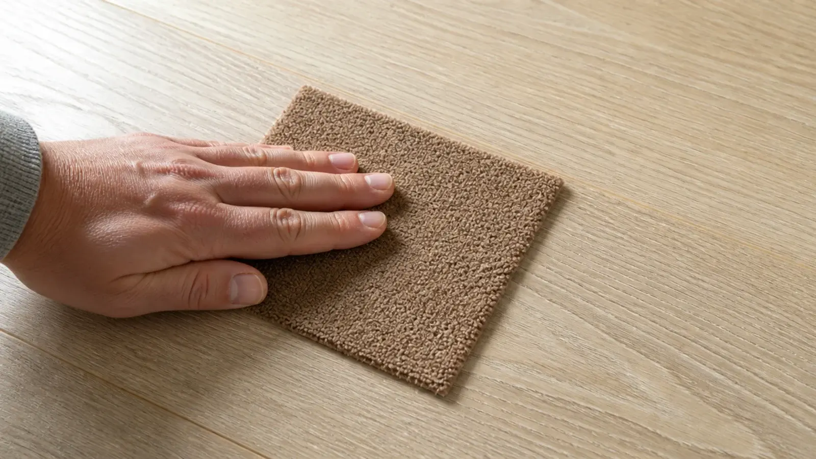 hand holding a rug swatch flush against pale timber floorboards