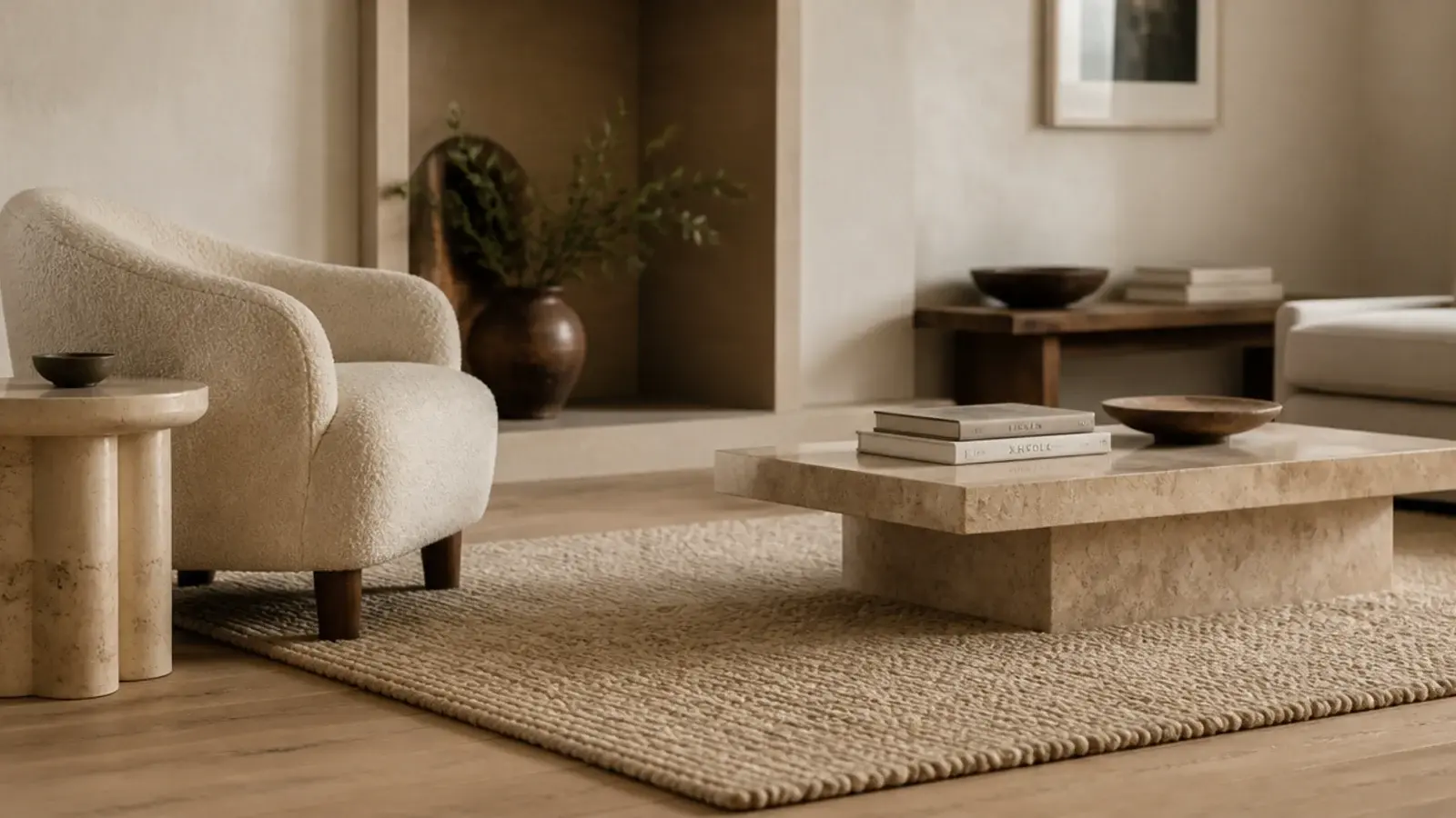 warm oatmeal wool rug sitting easily on golden toned timber floors