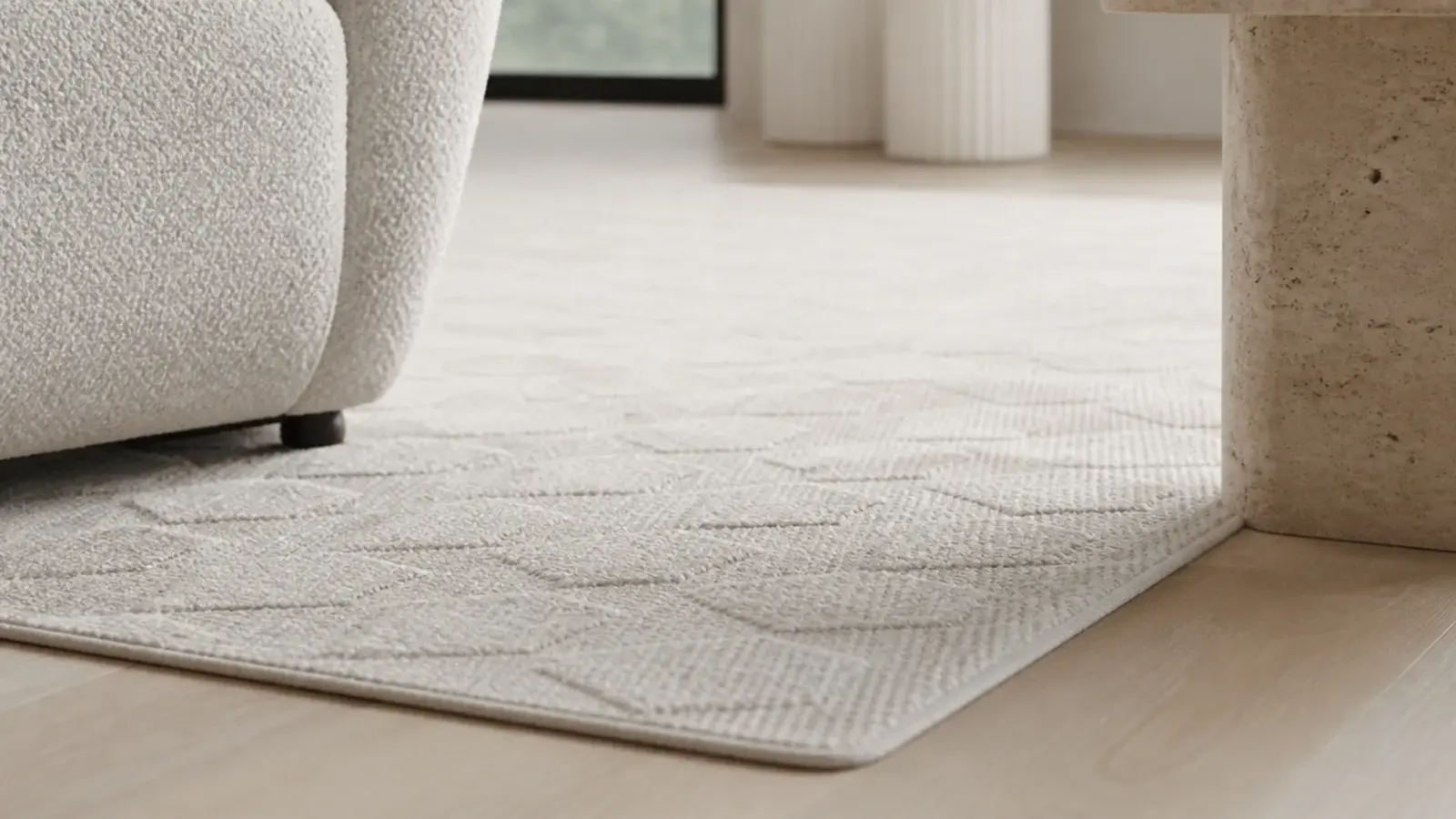 low contrast tonal pattern woven into a pale living room rug