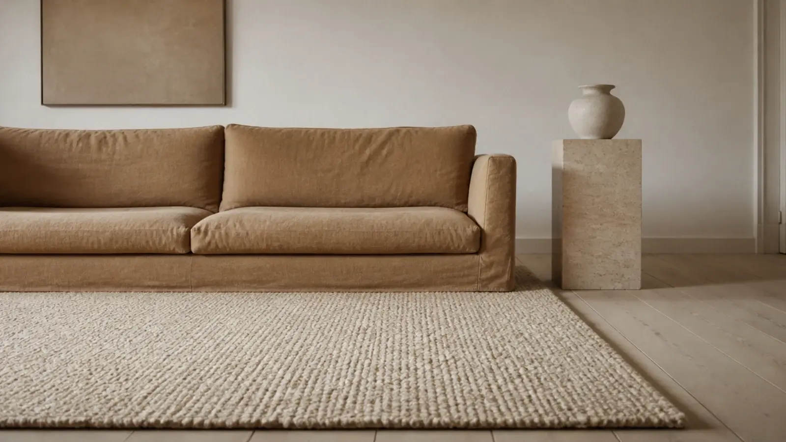 chunky wool loop pile filling a plain room with visible structure