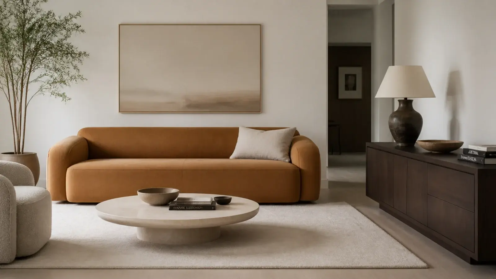 pale rug mid tone sofa and dark timber grouped in one room