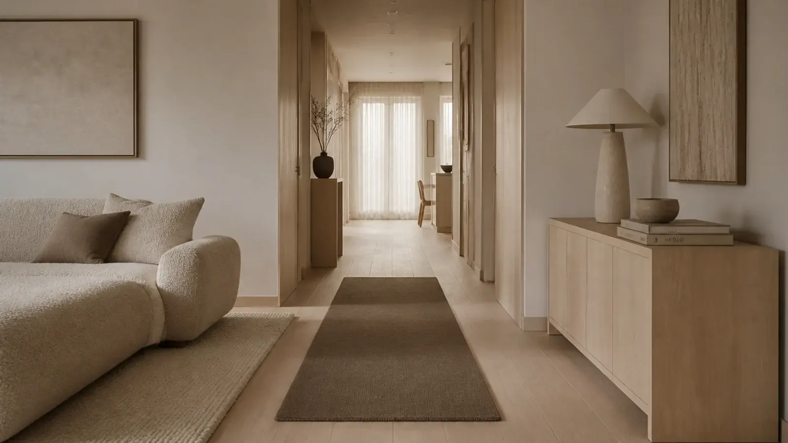 deeper toned runner marking the walking route across a pale room