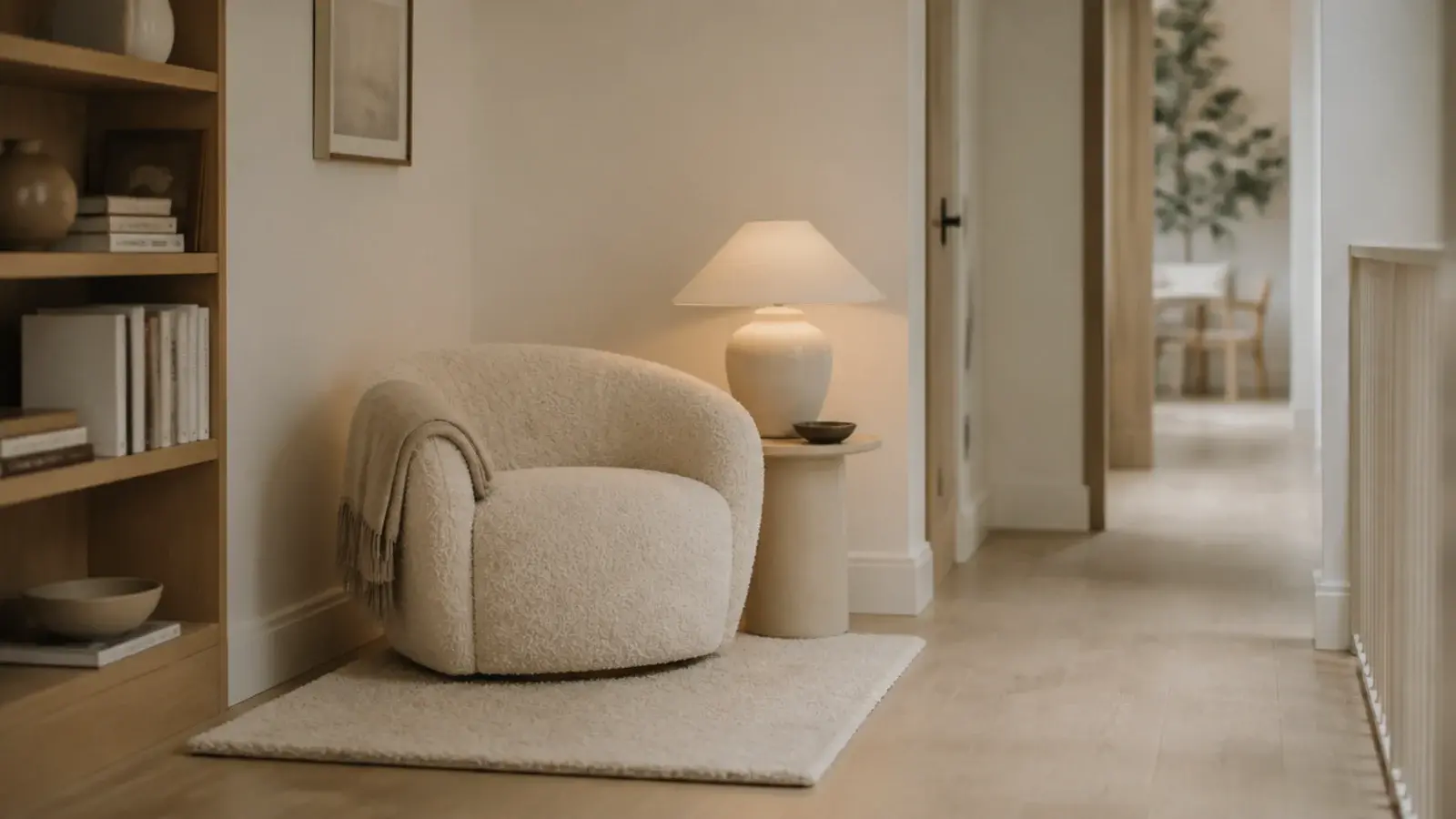 ivory rug under a reading chair well clear of the main route