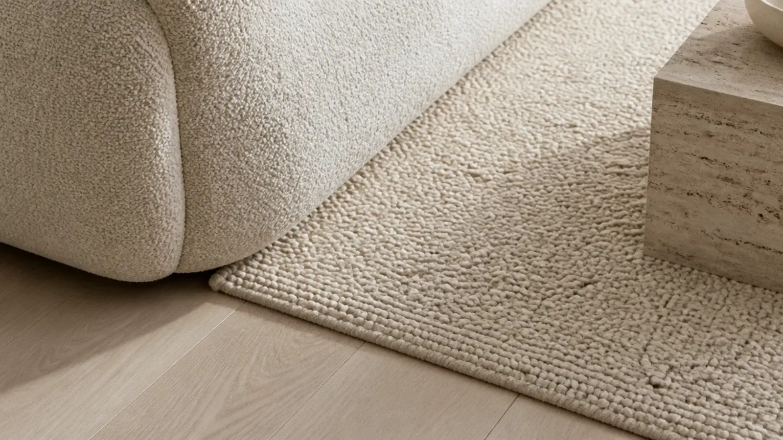 bouclé upholstery and looped wool rug sharing one surface quality
