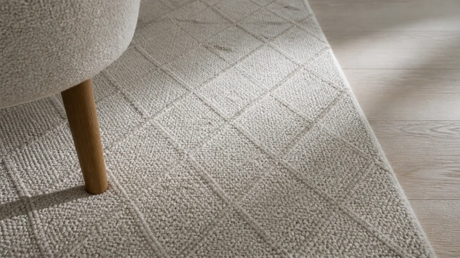 faint diamond lattice woven into a pale neutral wool rug surface