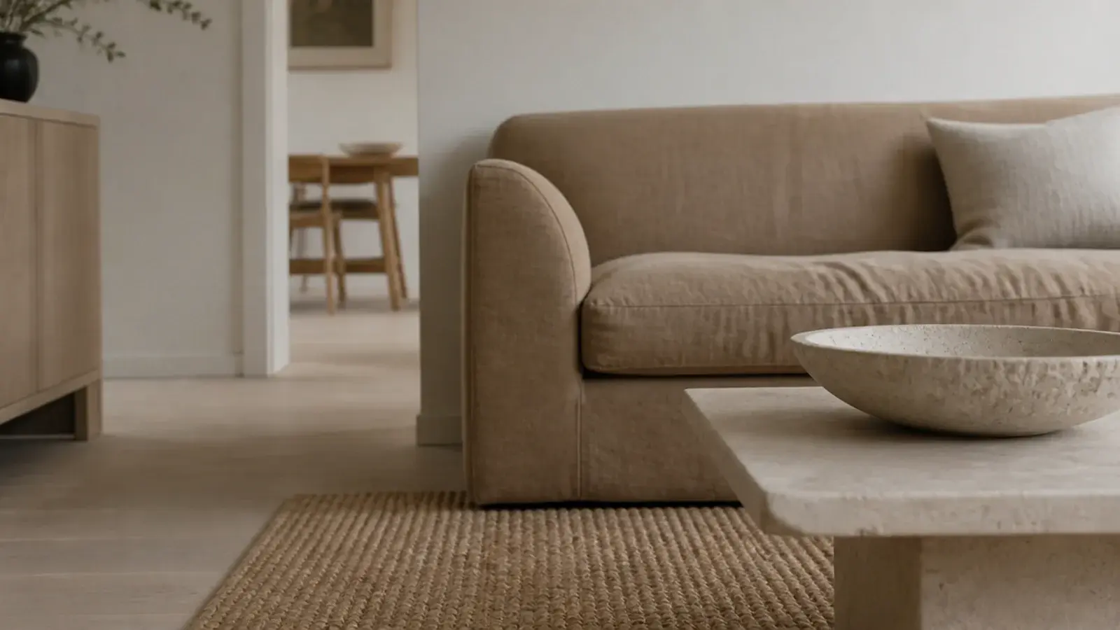 woven natural fibre rug bringing warmth to a pale neutral room