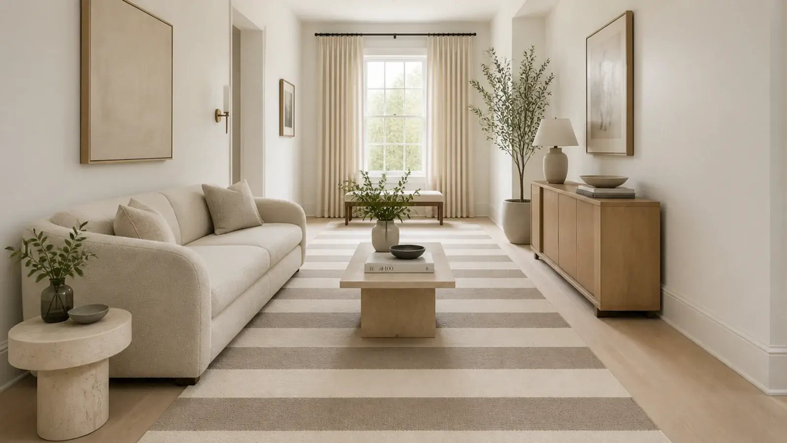 wide two tone stripe running the length of a narrow living room