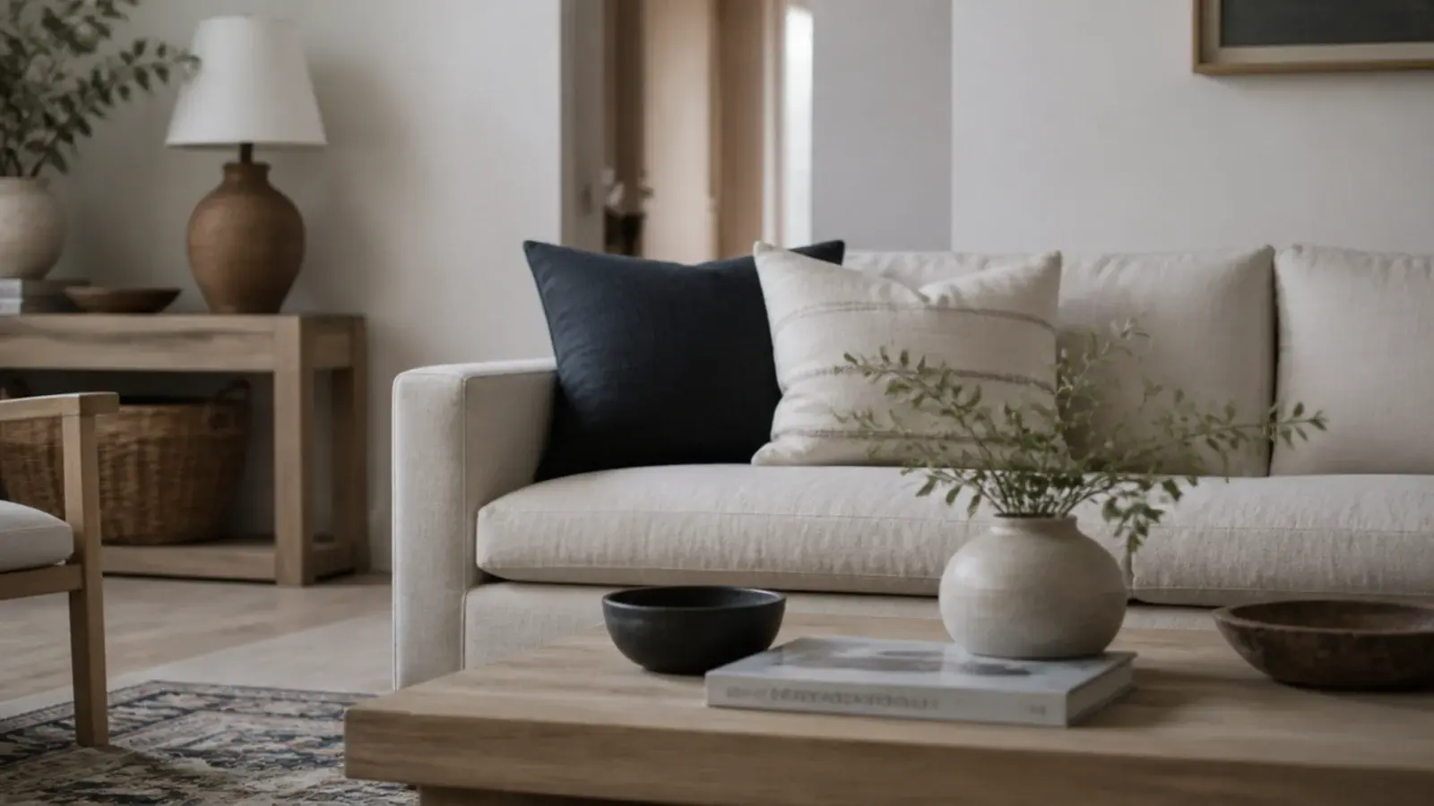 deepest rug tone echoed in a cushion and a small ceramic bowl