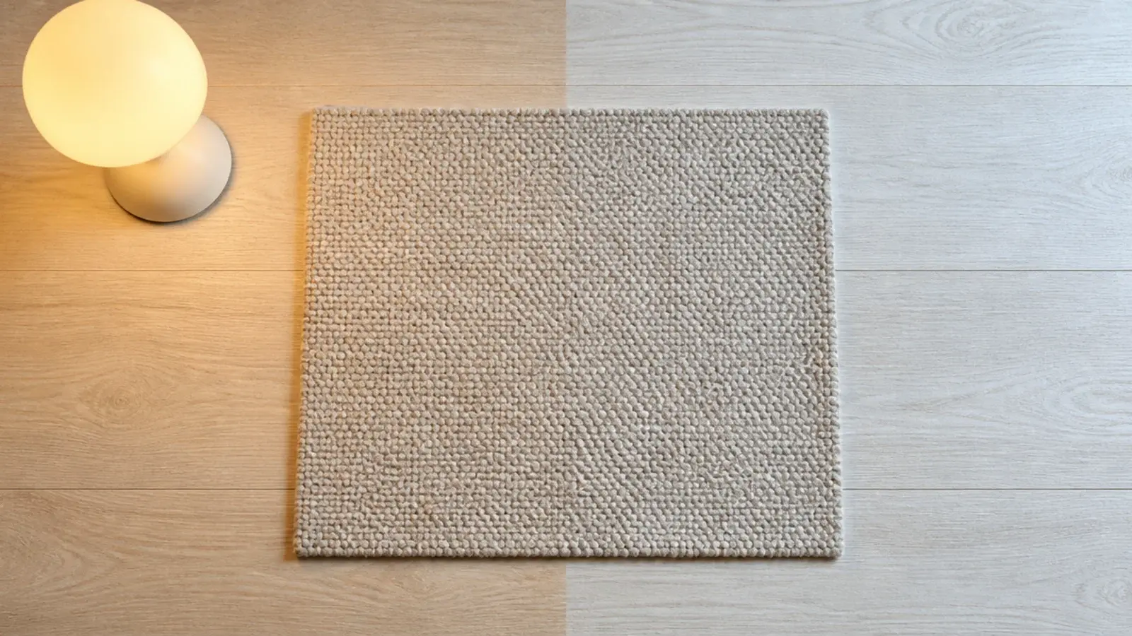 same rug swatch photographed under daylight and warm lamplight