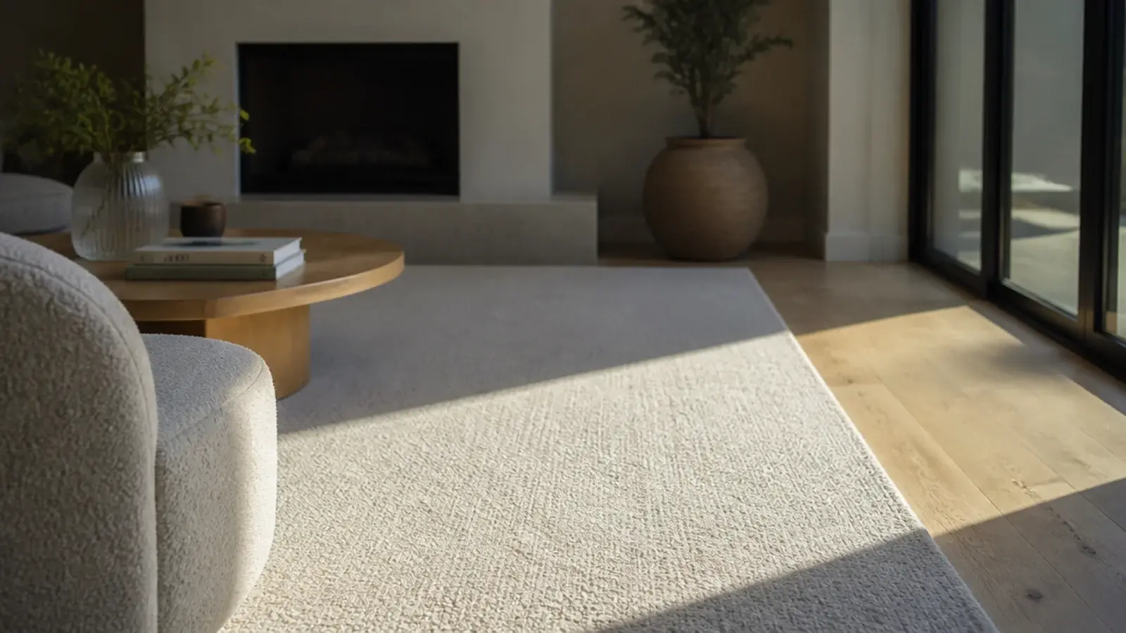 sunlit half of a pale rug reading warmer than the shaded half
