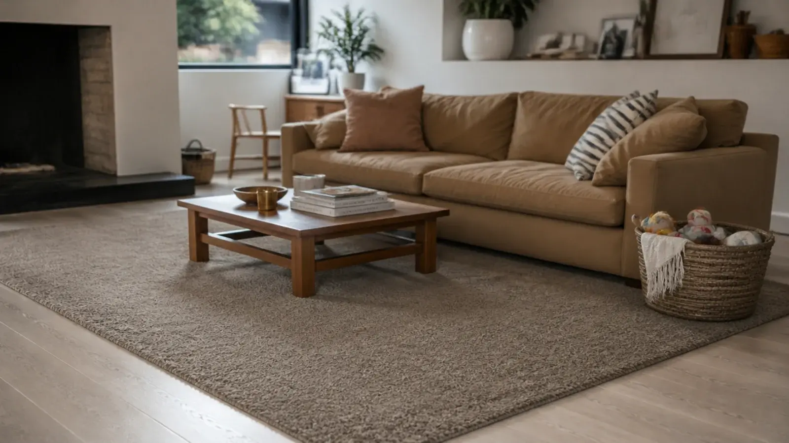deeper mushroom rug replacing a pale one in a busy family room