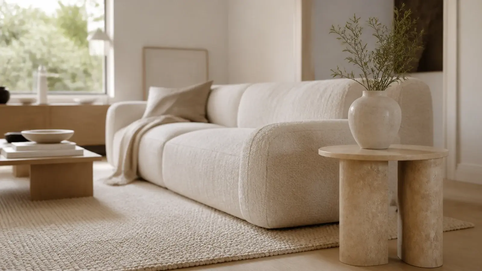 neutral area rugs in a living room layered over pale limed oak boards