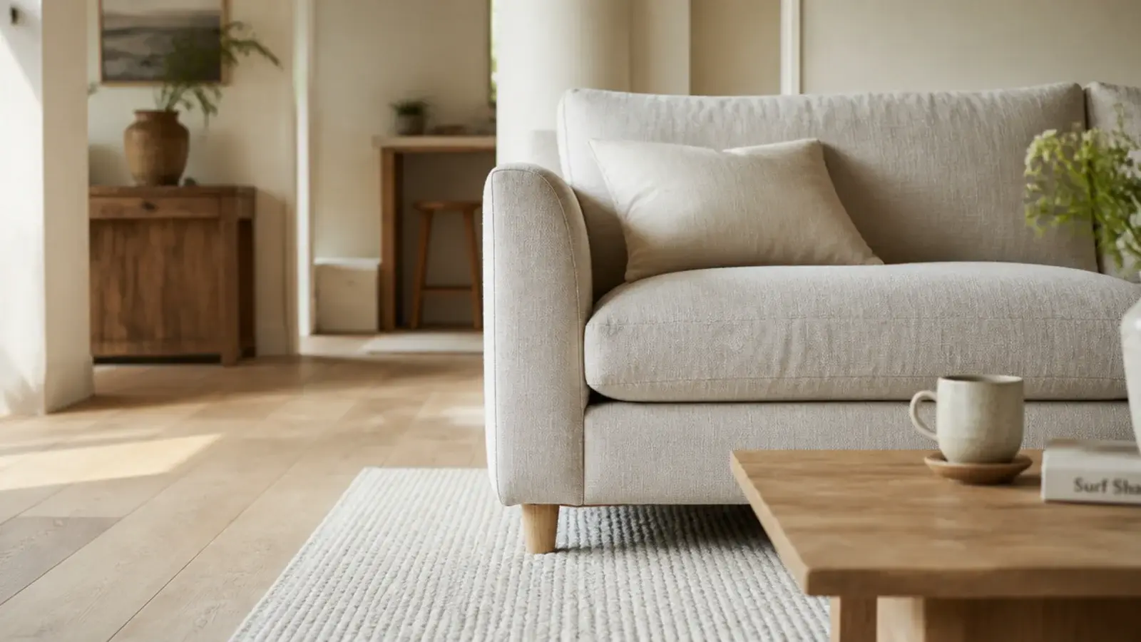 wool rugs in a living room warming pale oak floors at breakfast time