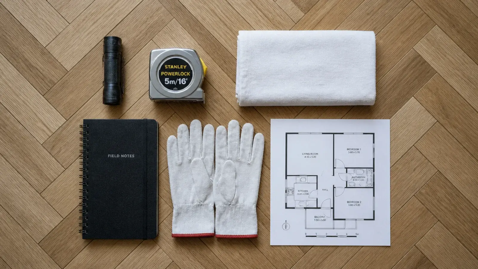 torch tape measure white cloth and notebook set out for rug hunting