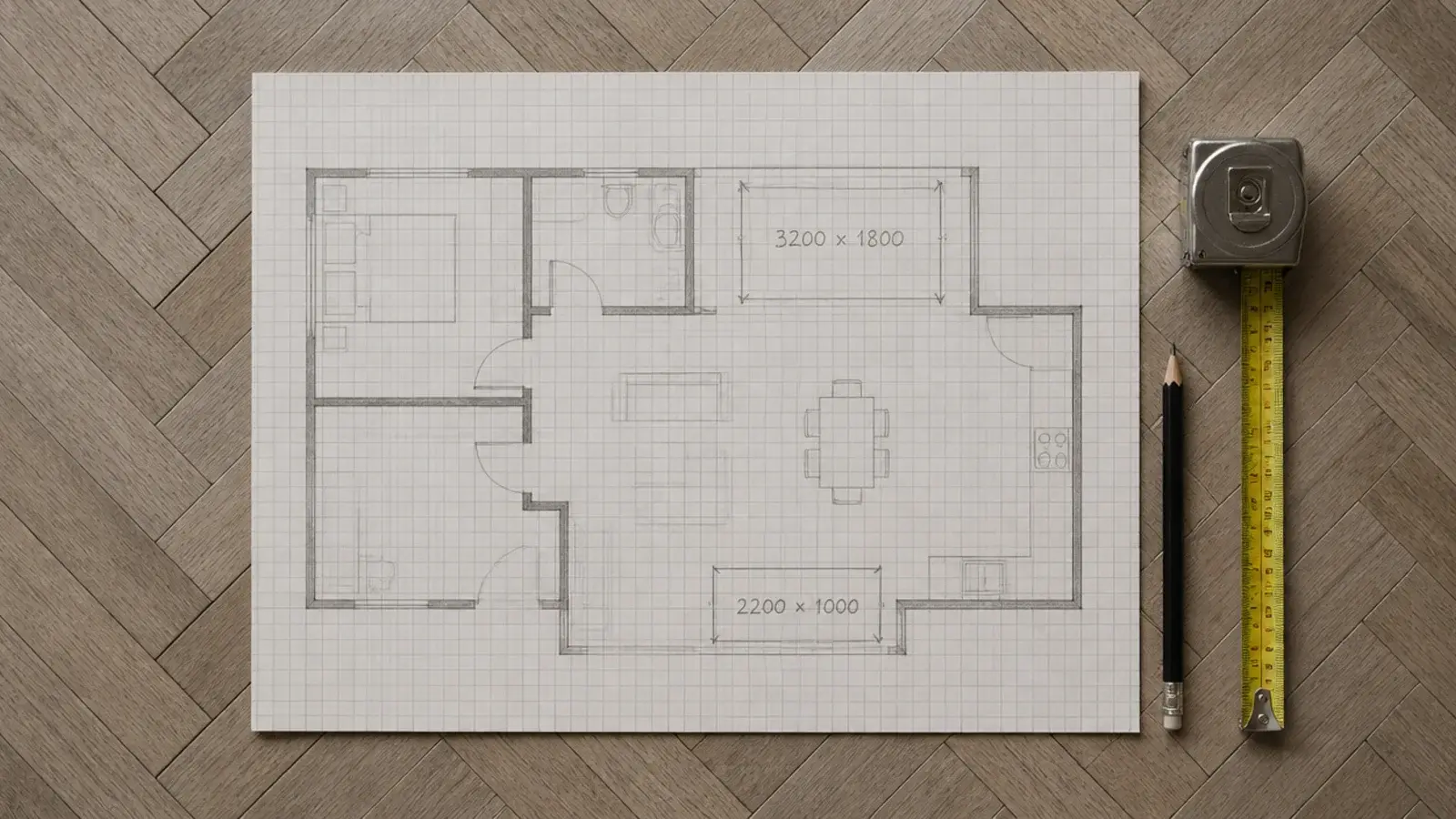 floor plan marked with two acceptable rug size ranges in pencil