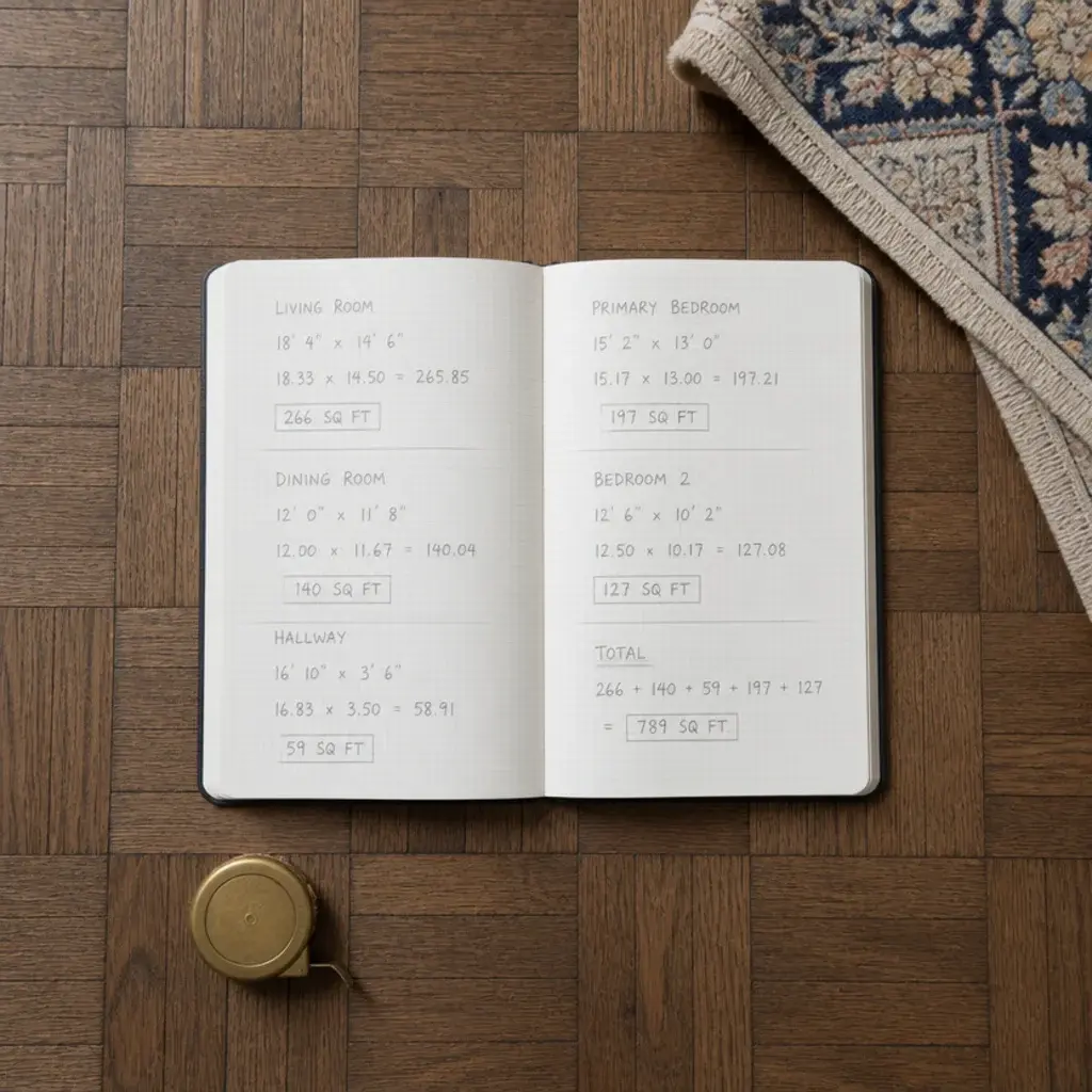 notebook page showing a price per square foot calculation for rugs