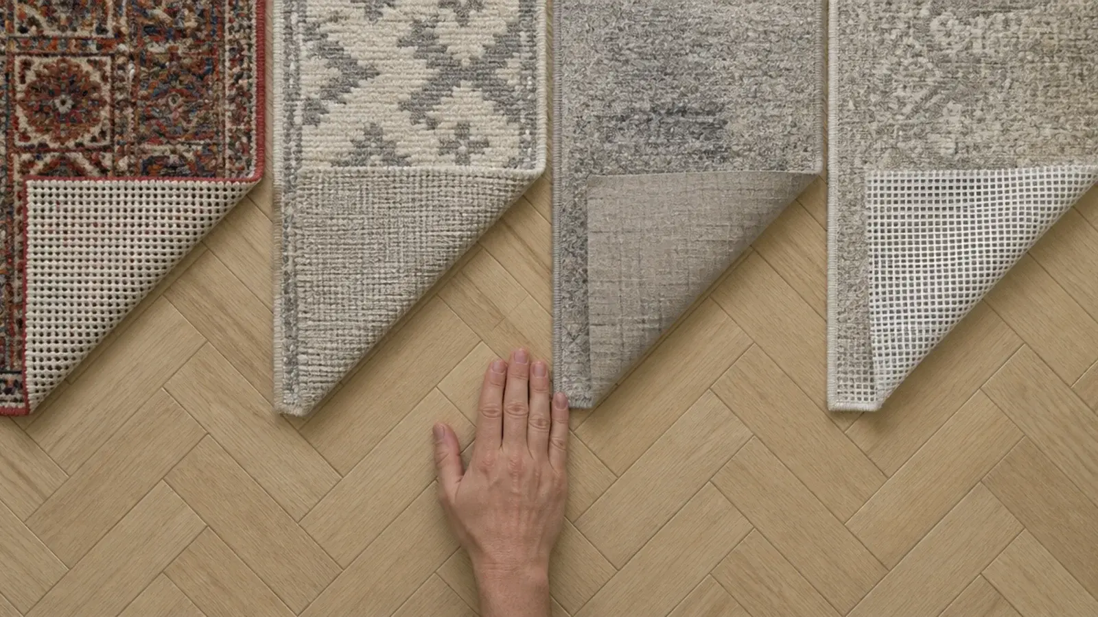 four rug backs compared showing knotted flatweave tufted and machine