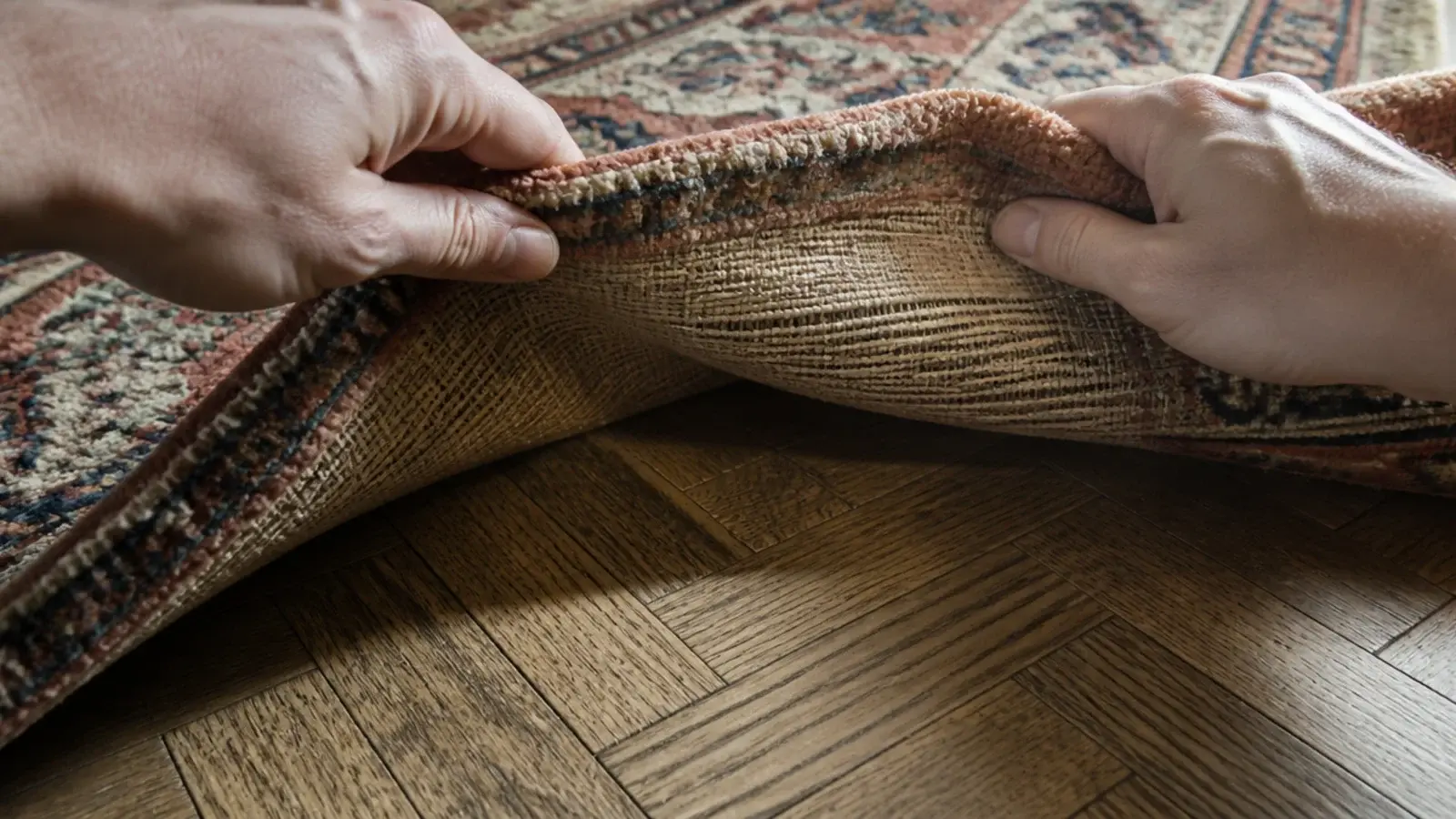 hands folding a rug pile side out to test the foundation for damage