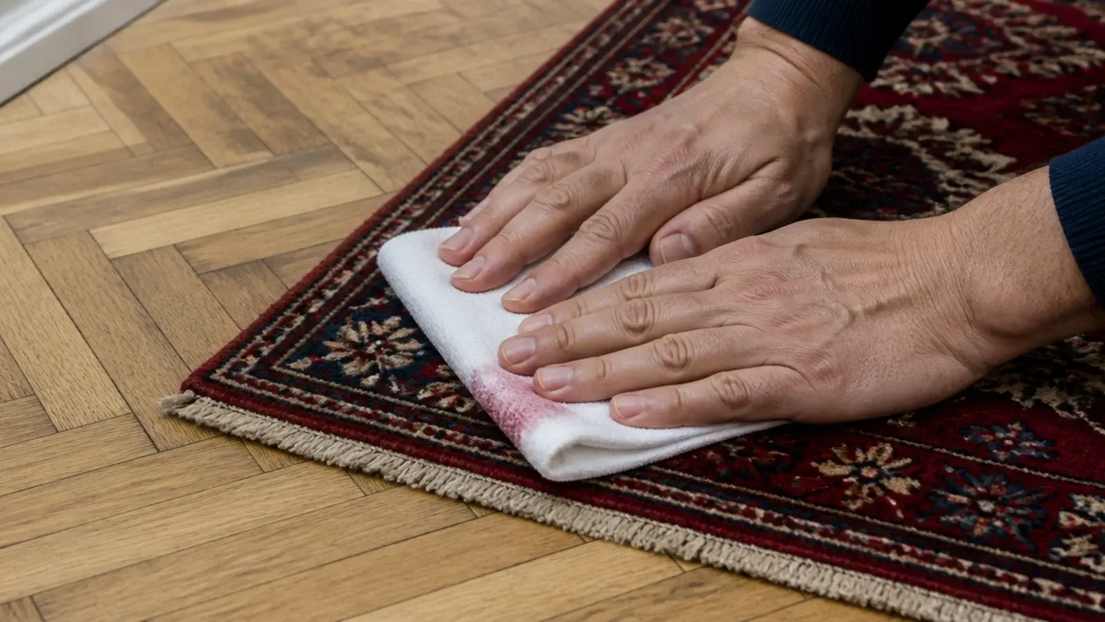 damp white cotton cloth pressed onto a saturated rug corner