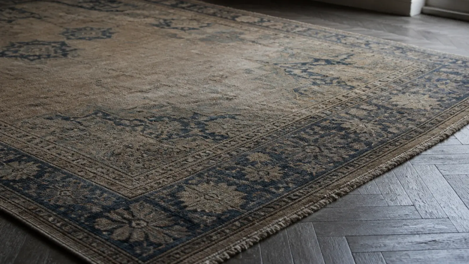 worn low pile area contrasting with fuller pile at a rug edge