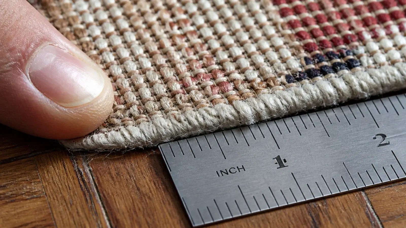 fingertip counting knots along one inch of a rug foundation