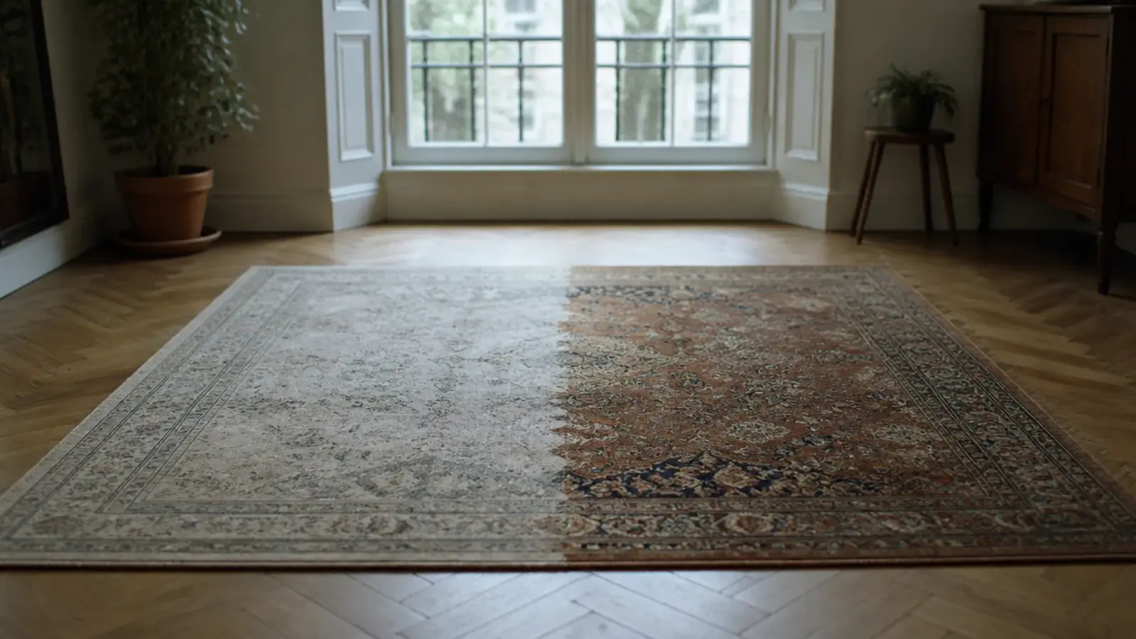 noticeably paler half of an old rug where sunlight once fell