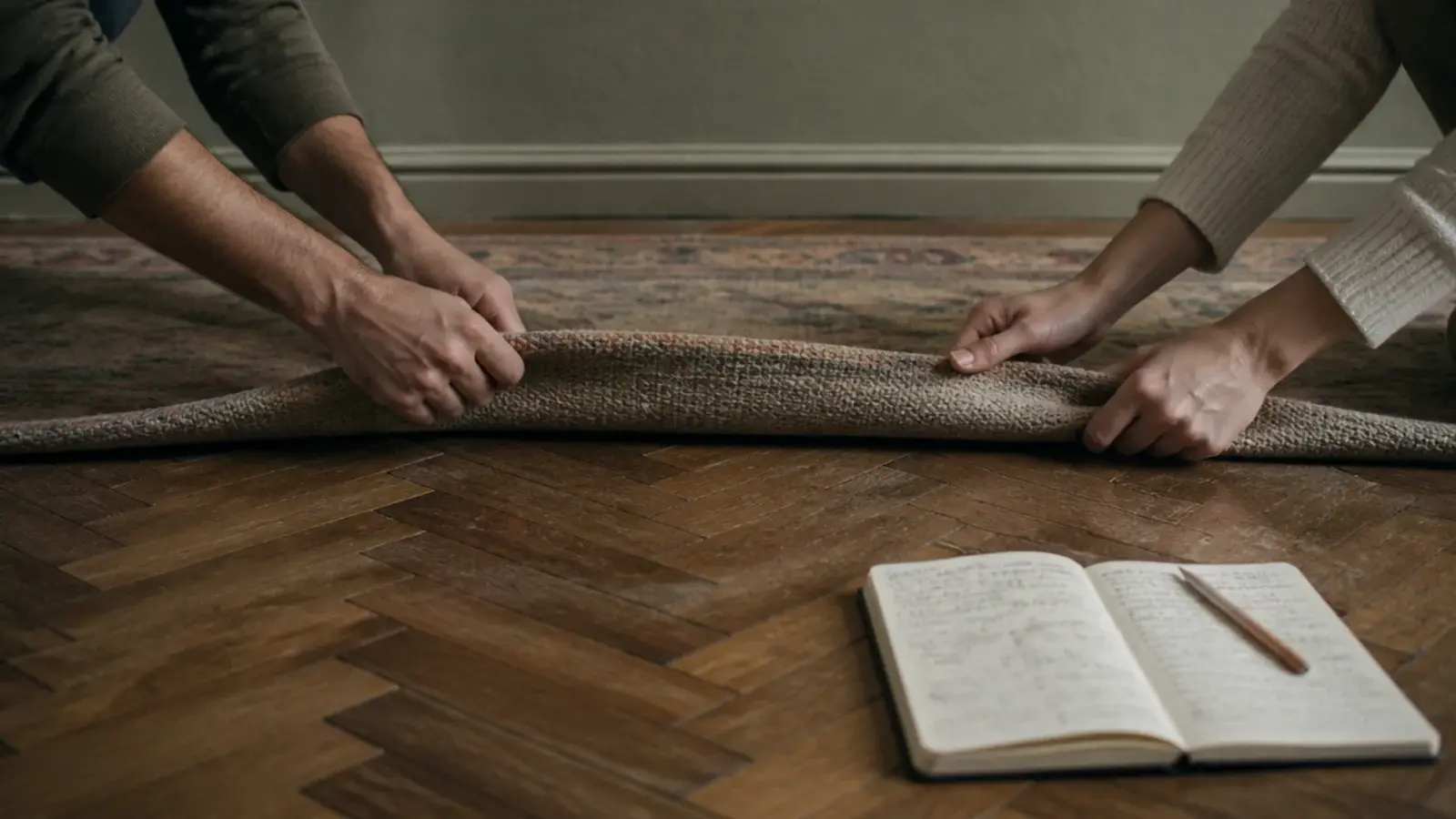 buyer and seller examining a rug corner with a notebook open