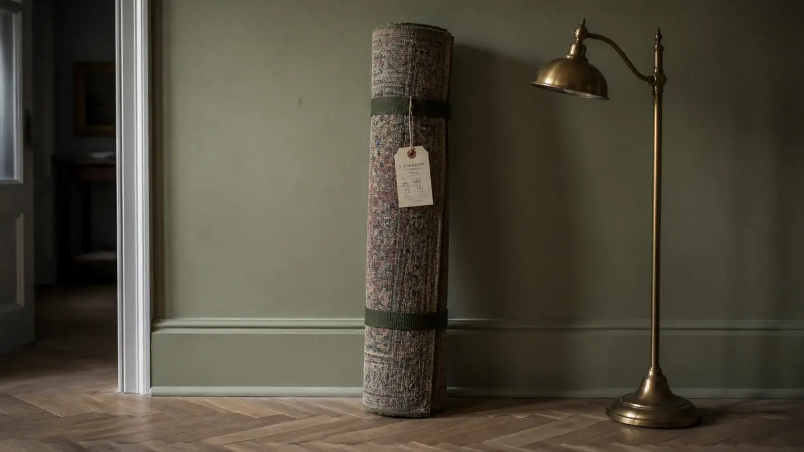 rolled vintage rug tied and tagged for professional washing