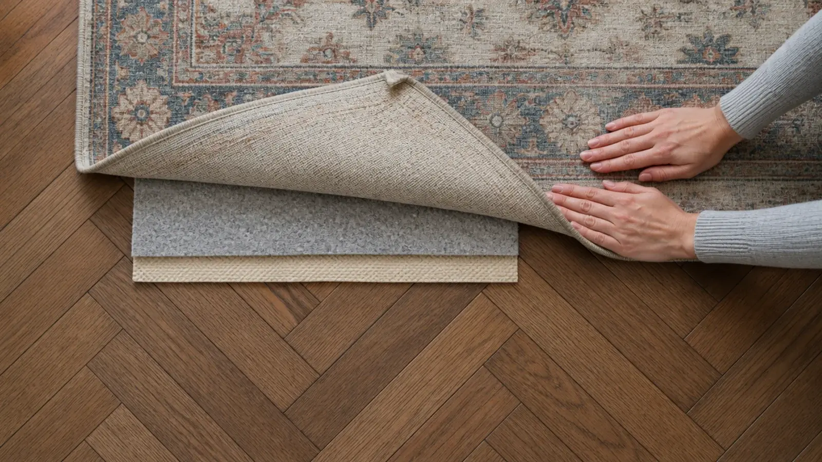 vintage rug laid over a felt and rubber pad on parquet flooring
