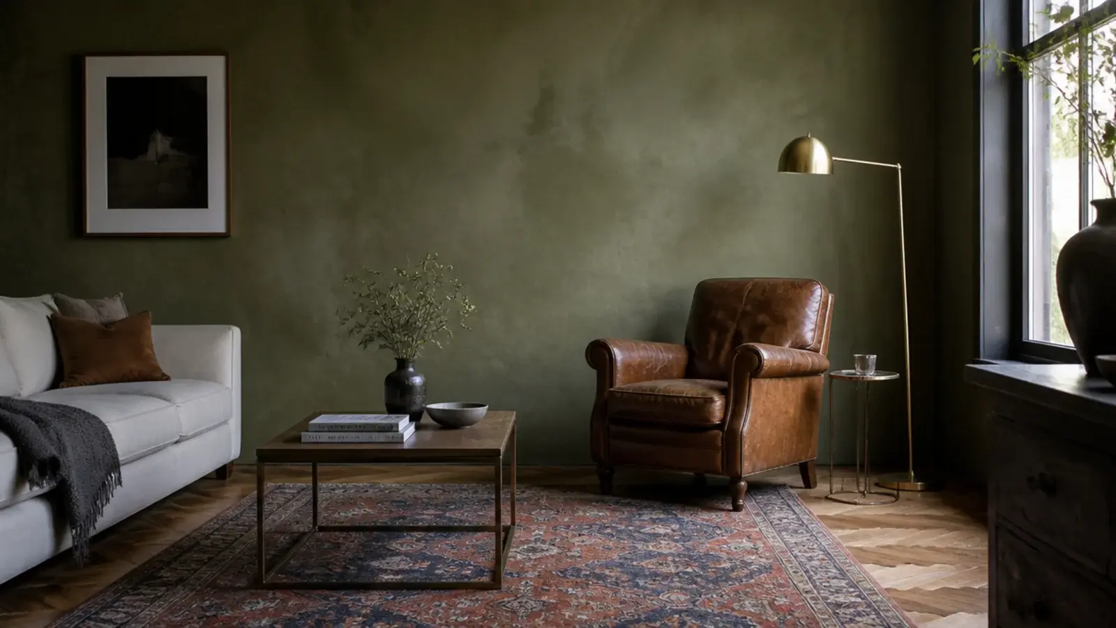 vintage rugs in a living room laid across herringbone parquet flooring