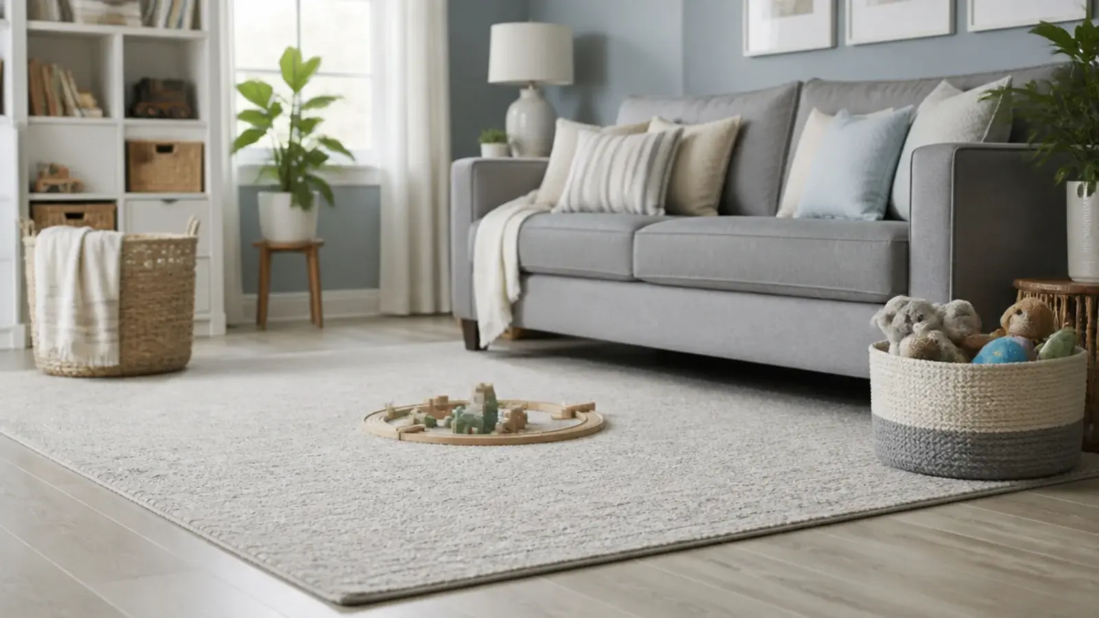 washable rugs in a living room laid over pale grey toned oak boards