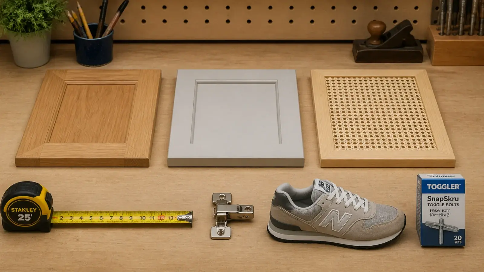 testing bench with shoe cabinet samples a tape measure and a size 12 sneaker