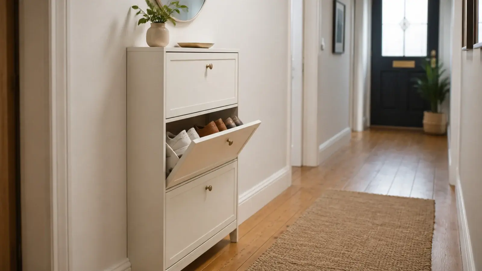 three drawer tilt out shoe cabinet nine inches deep in a narrow hall