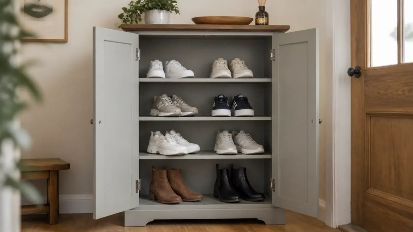 two door shoe cabinet open showing adjustable flat shelves and boots